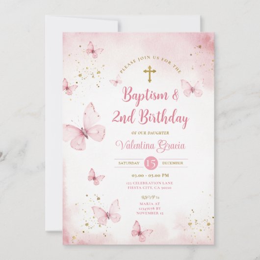 Invitation Fille papillon rose 2e croix de baptême d'annivers (Devant)