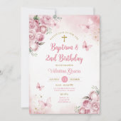 Invitation Fille papillon rose 2e Fleurs de baptême d'anniver (Devant)
