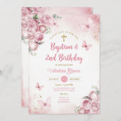 Invitation Fille papillon rose 2e Fleurs de baptême d'anniver (Devant / Derrière)