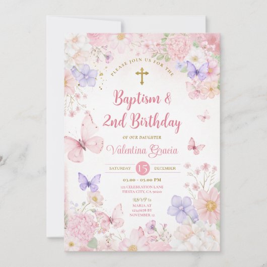 Invitation Fille Papillon Rose Blush 2ème Anniversaire Baptêm (Devant)