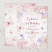 Invitation Fille Papillon Rose Blush 2ème Anniversaire Baptêm (Devant / Derrière)