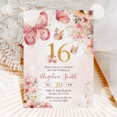 Invitation Fille papillon rose floral 16e fête d'anniversaire