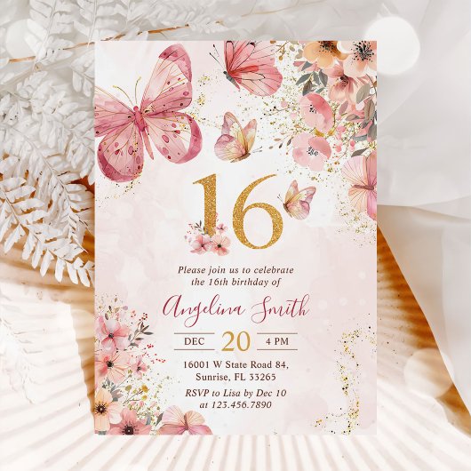 Invitation Fille papillon rose floral 16e fête d'anniversaire