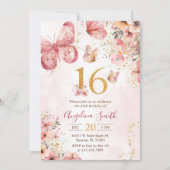 Invitation Fille papillon rose floral 16e fête d'anniversaire (Devant)