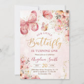 Invitation Fille papillon rose floral 1er anniversaire fête (Devant)
