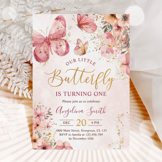 Invitation Fille papillon rose floral 1er anniversaire fête