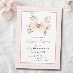 Invitation Fille Papillon Rose Gingham Floral Baby Shower