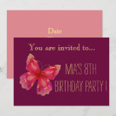 Invitation Fille papillon rose ou entre fête d'anniversaire (Devant / Derrière)