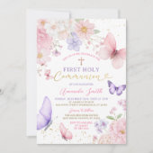 Invitation Fille papillon rose violet Première communion (Devant)