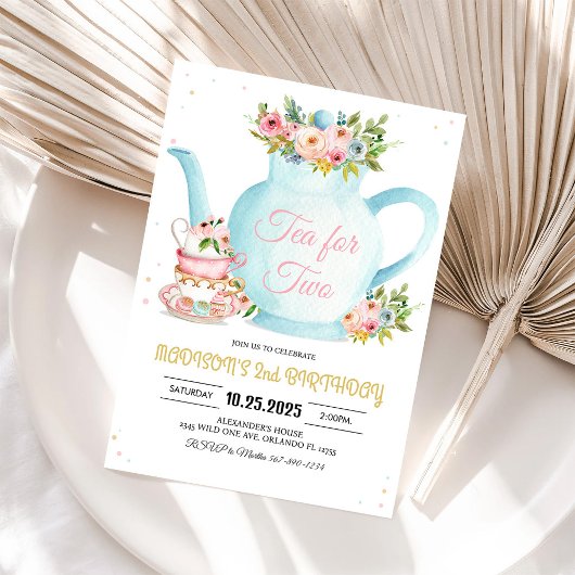 Invitation Fille Par-Thé Floral Or Rose Whimsical Anniversair