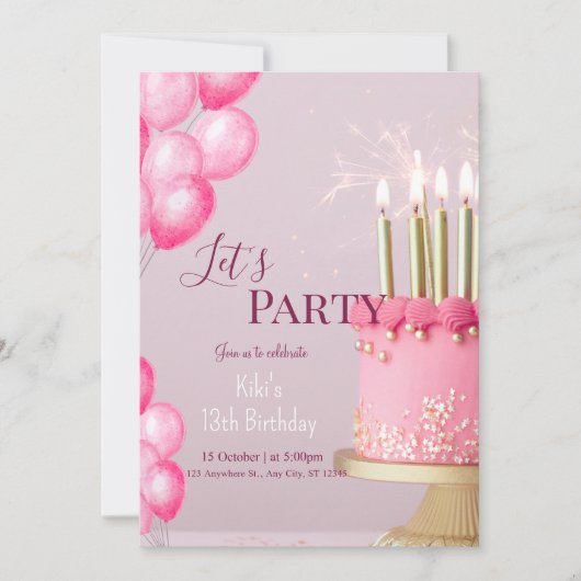 Invitation fille parties scintillant rose mignon anniversaire (Devant)