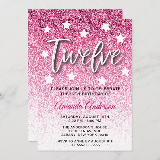 Invitation Fille Parties scintillant rose Texture 12e fête d' (Devant / Derrière)