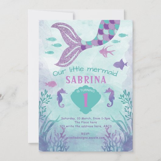 Invitation Fille, Parties scintillant, Sirène, Queue, Sous la (Devant)