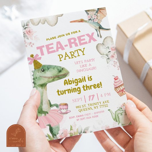 Invitation Fille pastel dinosaure tutu Tea-Rex premier annive