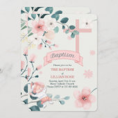 Invitation Fille Peach Blossoms Croix Chrétienne Baptême (Devant / Derrière)