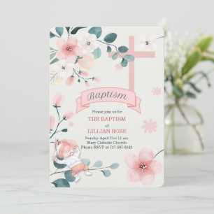 Invitation Fille Peach Blossoms Croix Chrétienne Baptême
