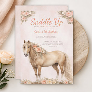 Invitation Fille Peach Floral Cheval 5ème Anniversaire