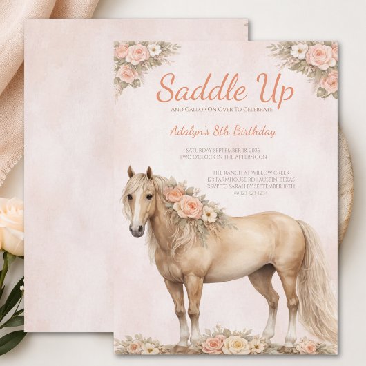 Invitation Fille Peach Floral Cheval 8e Anniversaire