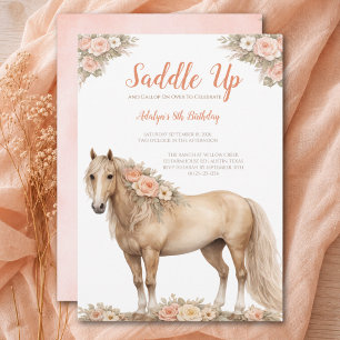 Invitation Fille Peach Floral Cheval 8ème Anniversaire