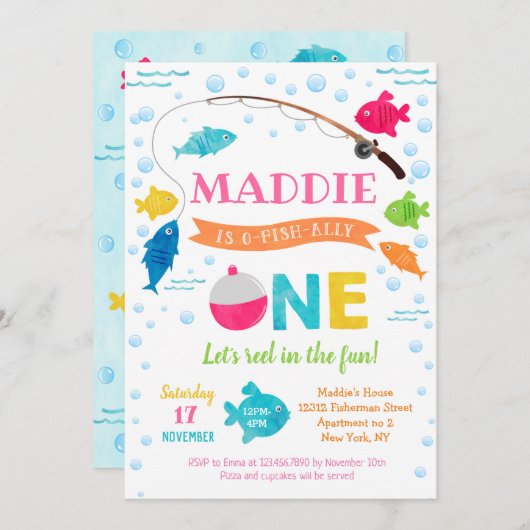 Invitation Fille Pêche O-poisson-allié 1er anniversaire Invit (Devant / Derrière)