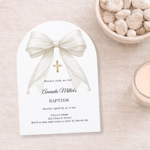 Invitation Fille Perles Crème Arc Élégant Baptême