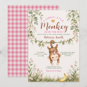 Invitation Fille Petit Singe Espiègle Fleur Rose Baby Shower
