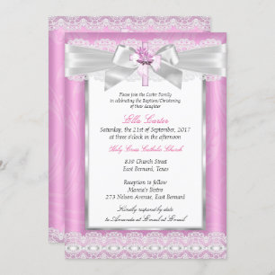 Invitation Fille Photo Croix rose florale Baptême Christening