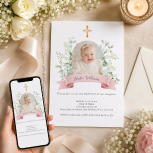 Invitation Fille photo rose fleurs blanches arche Baptême