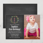 Invitation Fille photo tableau noir de couronnes florales 1er (Devant / Derrière)