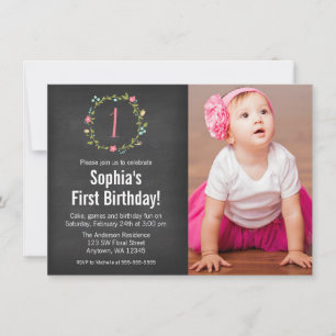 Invitation Fille photo tableau noir de couronnes florales 1er