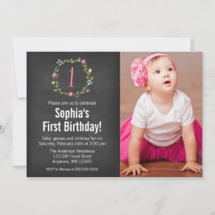 Invitation Fille photographique Floral Wreath Chalkboard 1er 