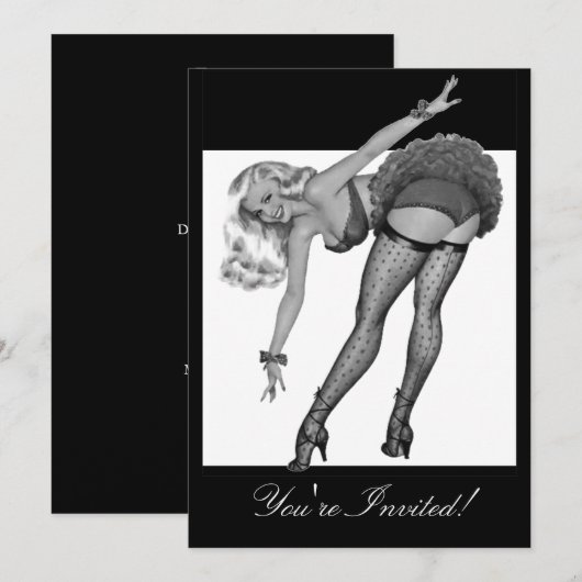 Invitation Fille pin-up de style noir et blanc 19 (Devant / Derrière)
