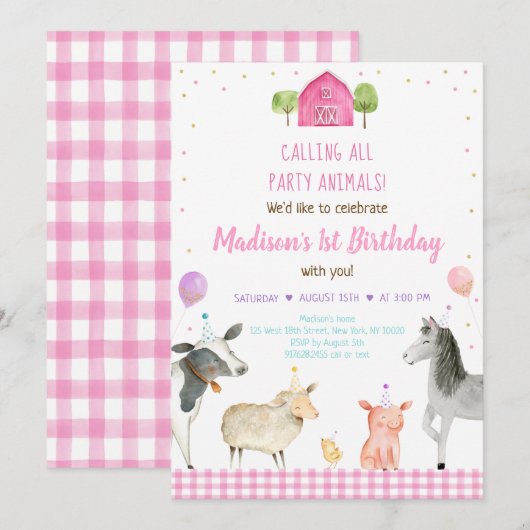Invitation Fille Pink Farm Party Animal Anniversaire (Devant / Derrière)
