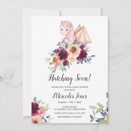 Invitation Fille Pink Floral Hatching Dragon Hatching Bientôt (Devant)
