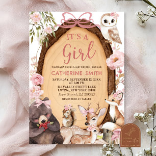 Invitation Fille Pink Forest Woodland Animal Baby shower Invi
