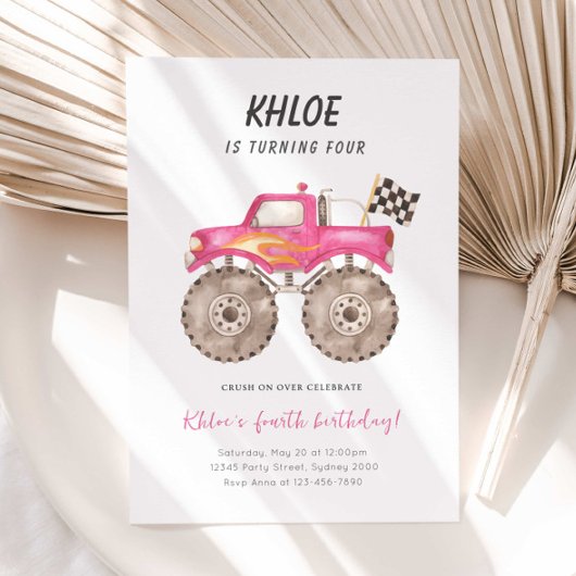 Invitation Fille Pink Monster Truck Bash N'importe quel âge A