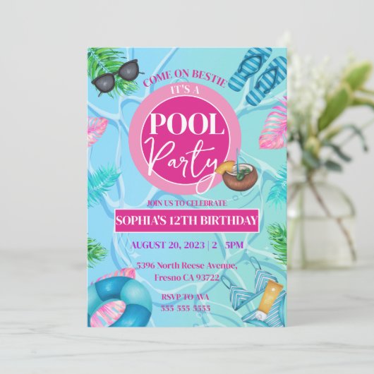 Invitation Fille Pink Pool Party Tropical Anniversaire Fille (Debout devant)