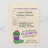 Invitation Fille Pink/Purple Bookworm fête d'anniversaire (Devant / Derrière)