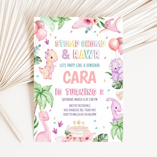 Invitation Fille Pink Safari Dinosaur fête d'anniversaire