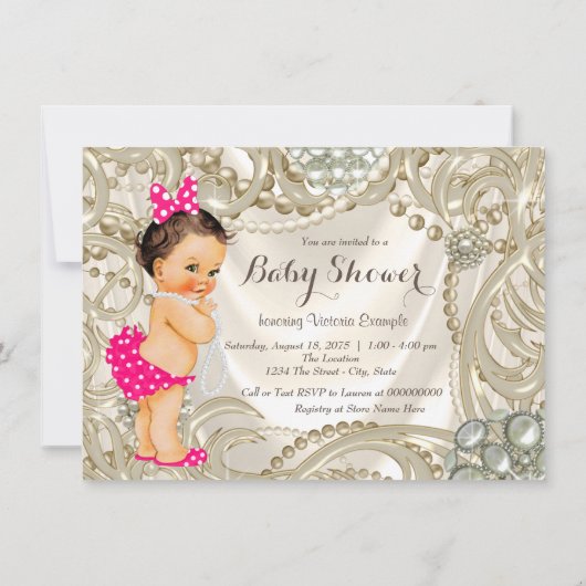 Invitation Fille Pink Satin Pearl Baby Girl Douche (Dos)