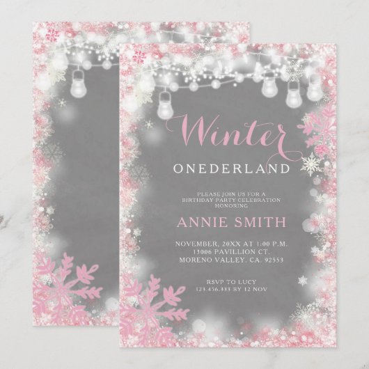 Invitation Fille Pink Snowflakes hiver Onederland anniversair (Devant / Derrière)