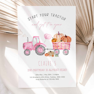 Invitation Fille Pink Tractor & Citrouille fête d'anniversair