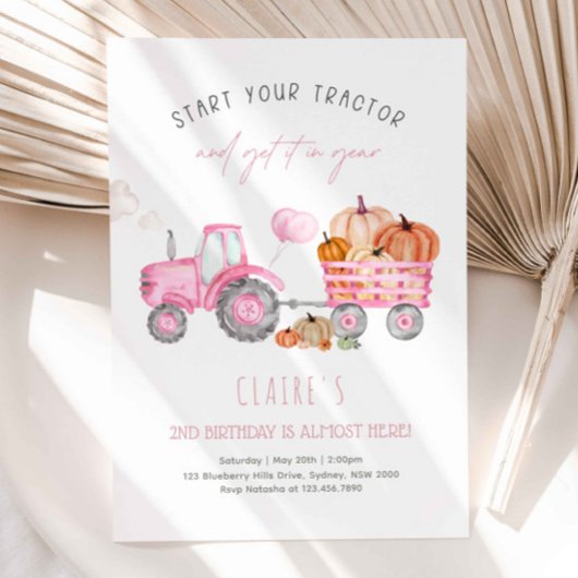 Invitation Fille Pink Tractor & Citrouille fête d'anniversair