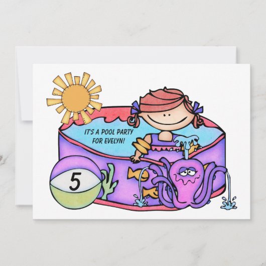 Invitation Fille Piscine Plage Natation Anniversaire Invitati (Devant)