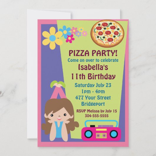 Invitation Fille Pizza fête Anniversaire (Devant)