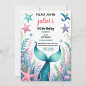 Invitation fille poisson cool mer bleu sirène 1er anniversair (Devant)