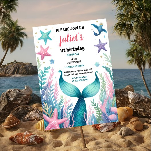 Invitation fille poisson cool mer bleu sirène 1er anniversair