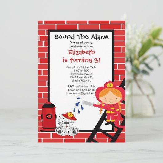 Invitation Fille pompier Fête d'anniversaire (Debout devant)