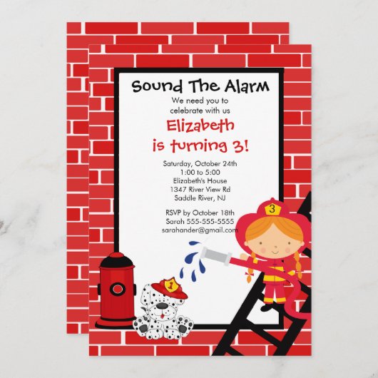 Invitation Fille pompier Fête d'anniversaire (Devant / Derrière)