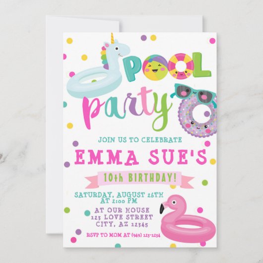 Invitation Fille Pool Party Unicorn Flamant rose Float Annive (Devant)
